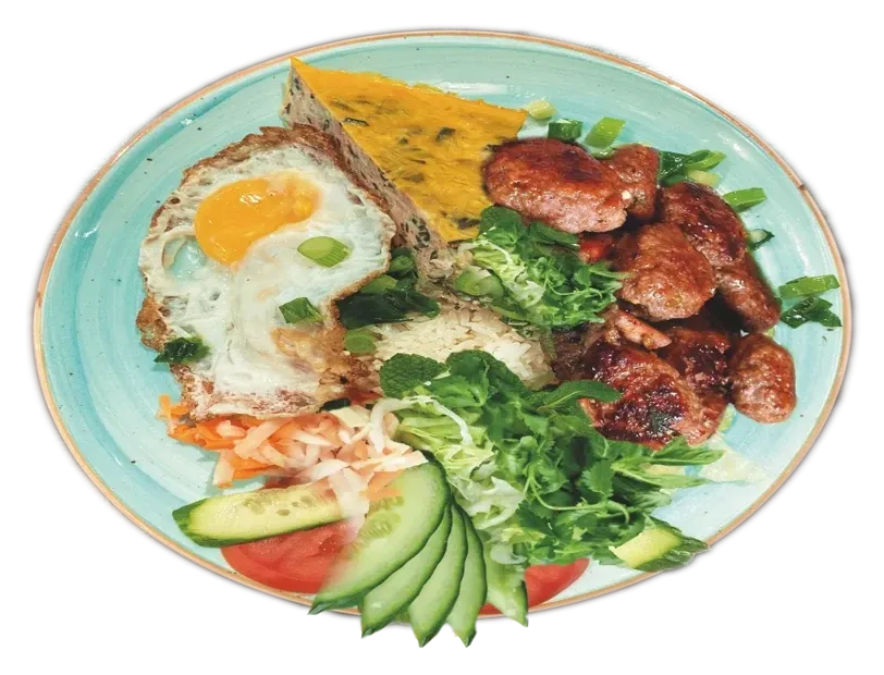 Cơm Sườn Chả – grillat fläsk med ris på Mama Viêt i Solna